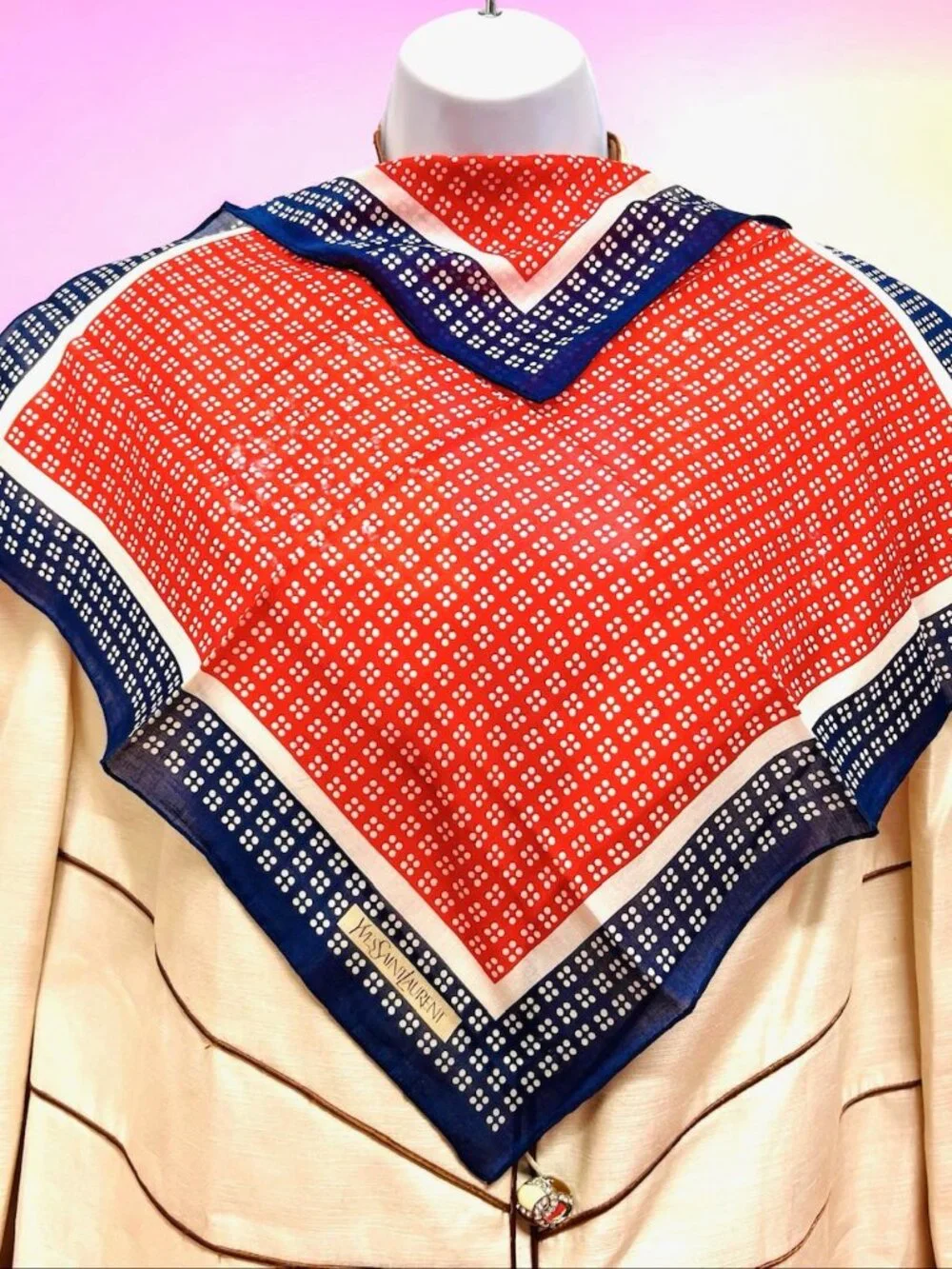 2) New Christian Dior & YSL Mini Scarf/Neck-kerchief Cott 18.5" Red Blue (19 - Picture 11 of 16